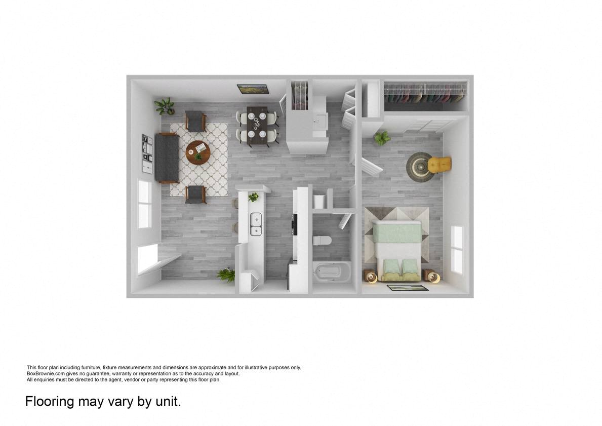Floor plan for 1 bed, 1 bath, 618 sqft